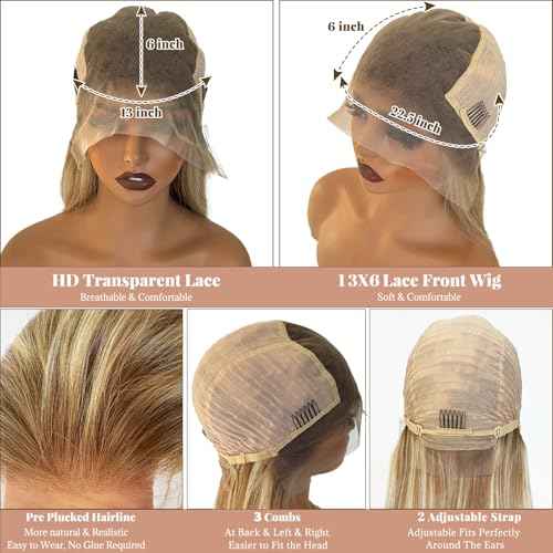Belaved 24 Inch Highlight Ombre Medium Brown Lace Front Wigs Human Hair Mix Blonde 13x6 Long Straight Balayage Blonde with Brown Roots 180% Density HD Lace Frontal Wig for Women Pre Plucked 8B60A