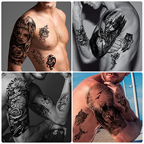 46 sheets Full Arm Skull Temporary Tattoos For Men Half Arm Shoulder Angel Tattoo for Ladies Fake Waterproof Wolf Lion Stone Tattoo Stickers For Adult or Kids