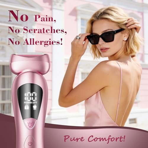 Cordless Electric Razors for Women: Rechargeable Painless Bikini Trimmer for Body Hair - IPX7 Waterproof Shaver with LED Display for Face/Underarm/Leg Blush Pink