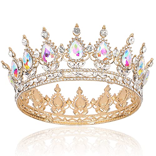 COCIDE Gold Crown for Women Aurora Borealis Crystal Tiara Bridal Hair Accessory