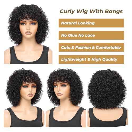 FREESHOW Short Curly Human Hair Wigs Curly Wig With Bangs Human Hair Glueless Curly Bob Wig Human Hair Short Wigs for Black Women 250% Density 12Inch Natural Black