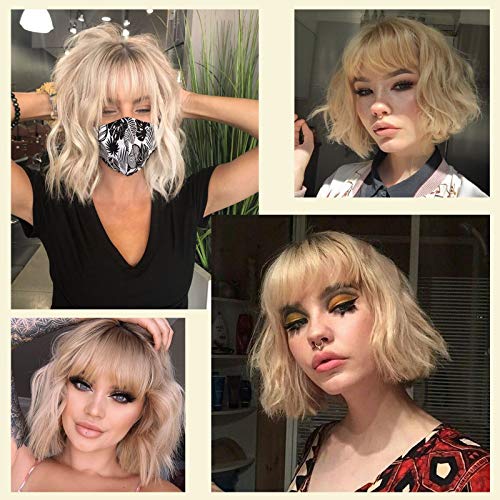 Short Blonde Wavy Bob Wig with Bangs - Heat Resistant