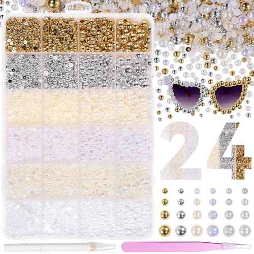 9000Pcs Half Pearls for Crafting, Gold Silver White Flatback Pearls for Bedazzling, Flatback Gold Pearl for Nails, ABS Pearl Nail Beads Gems for Nails DIY Crafts Shoes Clothes Bags DIY Making