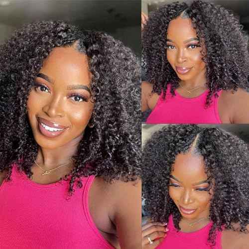 Kinky Curly V Part Wig Human Hair Upgrade U Part Human Hair Wig With Adjustable Drawstring Wig V Shape Clip In Half Wigs Afro Curly for Women No Sew in NO Glue200% Density 18 Inch