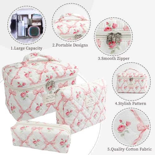 Large Quilted Makeup Bag Set for Women & Girls - Floral Cotton Cosmetic Organizer, Travel Toiletry Bags with Bows