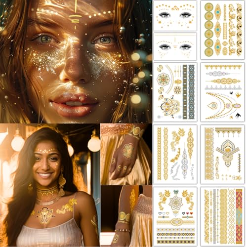 Glitter Freckles Gold Temporary Tattoos Set, Bachelorette Body Glitters & Face Stickers, 90+ Temp Tattoo for Adults Women Teens Girls, Fake Tattoos for Party Beach Festivals Cosplay Dates, 9 Sheets
