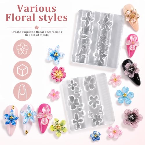 2PCS Floral Silicone Nail Art Molds with Double-Ended Sculpting Pen for 3D Nail Design