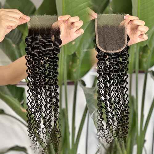 MEODI 4x4 HD Lace Closure Deep Curly Human Hair Curly Lace Closure 100% Unprocessed Free Part Closure Human Hair Natural Black Color 12 Inch