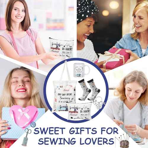 Abbylike 5 Pcs Sewing Gifts for Seamstress Women Gifts Canvas Bag Cosmetic Bag Quilting Coffee Mug Socks 11 oz Cup Quilter Keychain Funny Presents for Mom Quilters Sewing Lovers(White,Classic)