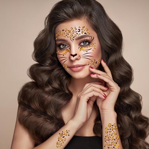 Leopard Print Face Temporary Tattoos - 4 Sheets Halloween Costume