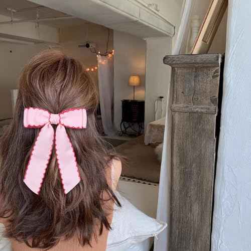5 Inch Hair Bow Clips Edged Grosgrain Ribbon Hairpins Handmade Hair Accessories with Alligator Clips for Girls Women, Pink with Rose Red