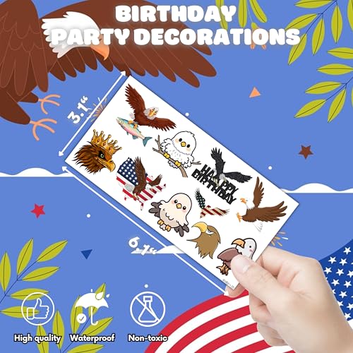 Eagle Temporary Tattoos 8 Sheets 80PCS Bald Eagles Party Decorations Supplies Favors American Flag Bird Theme Birthday Cute Stickers Christmas Gifts for Boys Girls Class School Prizes Carnival