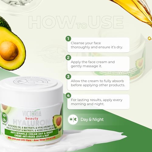 Hyaluron Anti-Wrinkle Cream with Avocado Oil - for Mature Skin (Age 30+) - Intensive Natural Cream for Day & Night With UV Filters