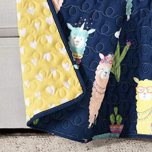 Lush Decor Southwest Llama Cactus Throw Blanket, 50" W x 60" L , Yellow & Navy - Toddler Blanket - Cute Reversible Boho Quilted Throw for Kids Room