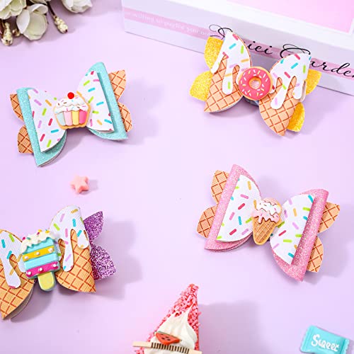Whaline 4Pcs Dessert Glitter Bow Hair Clips Cupcake Donut Ice Cream Hair Bow Barrette Summer Colorful Leather Hairgrips Sparkly Alligator Clips for Girls Women Hair Accessories Birthday Party Supplies