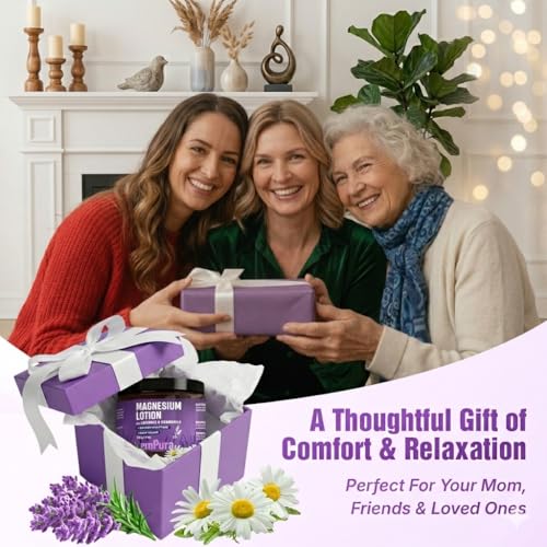 Magnesium Lotion with Lavender, Nighttime Magnesium Cream for Relaxation & Muscle Relief - Hand, Leg & Foot Lotion with Chamomile, Shea Butter & Jojoba Oil - Thoughtful Gifts for Mom (4oz)