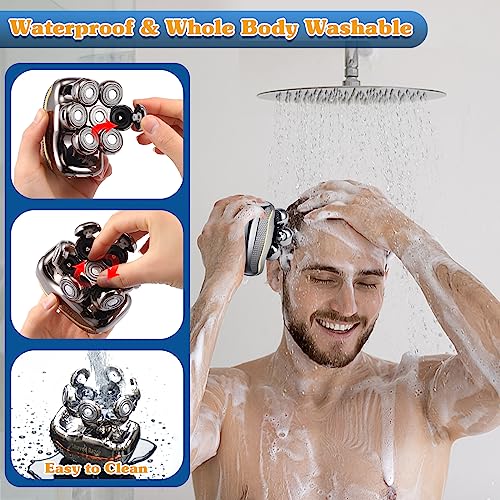 Head Shavers for Bald Men, Kisrioa 7D Head Shavers for Men, 6-in-1 Waterproof Bald Head Shavers Wet/Dry Electric Razor Mens Grooming Kit LED Display Rechargeable, with Wishes Card and Toiletry Bag