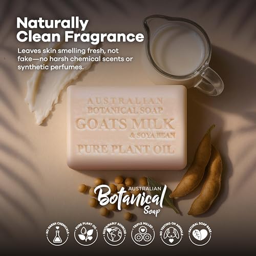 Australian Botanical Goats Milk Soap with Soya Bean Oil, Net Wt. 3.4 lb, 6.8 Ounce Bar Soap, Suitable for all Skin Types Pack of 8, Packaging May Vary