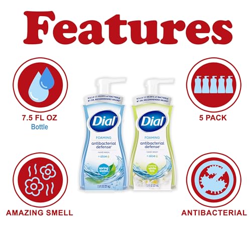 Dial Foaming Hand Wash Variety Pack, 5 Pack Hand Soap in Pump Bottles, Gentle Moisturizing Aloe Vera Formula, White Tea/Spring Water, 10 fl oz. Each