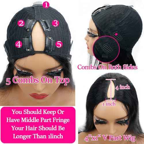 CHEETAHBEAUTY V Part Wigs Human Hair 16 Inch No Leave Out Lace Front Wigs Upgrade U Part Wigs Brazilian Virgin Straight Human Hair Wigs for Women 180% Density Natural Color