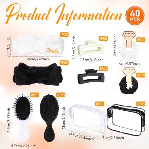40 Pcs Bachelorette Favor Set Include Headband Scrunchies Hair Claw Clips Hairbrush and Makeup Bag for Bridal Shower Party Gifts Bridesmaid Wedding Supplies(White and Black)