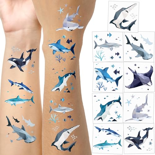 Cheerland Pre-Cut Shark Tattoos for Under The Sea Birthday Party Decorations Shark Week Ocean Sea Animal Themed Sticker Temporary Tattoo Party Favors Supplies School Rewards 108 Pcs