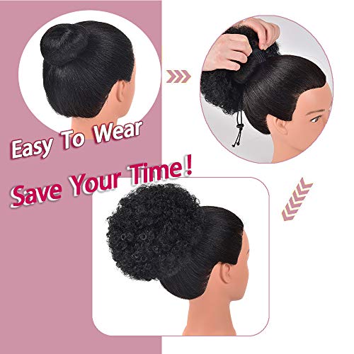 rosmile Afro Puff Clip On Synthetic Ponytail Extension for Black Women, 80gram 1B# Short Kinky Bun for Natural Hair