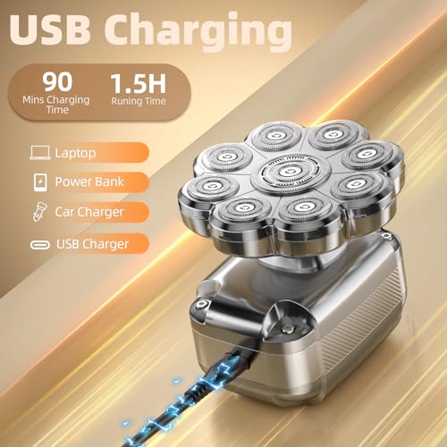 9D Head Shavers for Bald Men, 5 in 1 Detachable Head Shaver with LED Display, IPX7 Waterproof Wet Dry Rechargeable Electric Shavers for Men Grooming Kit for Home & Travel