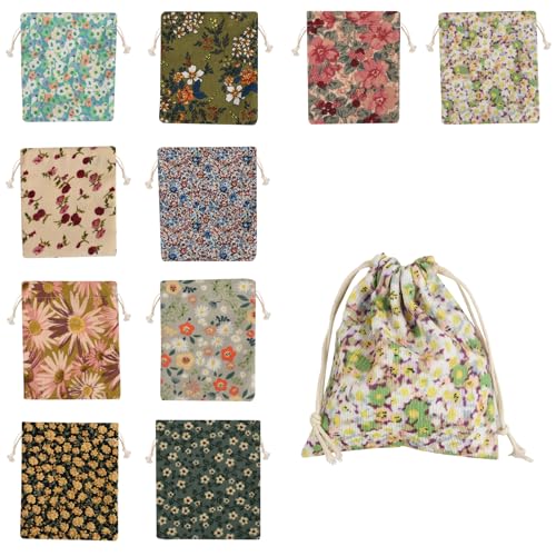 Mini Corduroy Drawstring Bag10PCS, Flower Makeup Bag Portable Small Pocket Cosmetic Bag For Women Travel Storage Cosmetics Headphones Jewelry(Random Style)