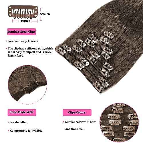 Chocolate Brown Clip in Hair Extensions Real Human Hair Clip ins Remy Human Hair Clip in Extensions Invisible Natural Straight Seamless Clip on Hair Extensions 8pcs Double Weft 18 Inch 80g
