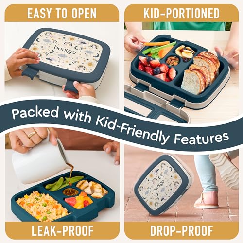 Bentgo Kids Prints Leak-Proof, 5-Compartment Bento-Style Kids Lunch Box - Ideal Portion Sizes for Ages 3-7, Durable, Drop-Proof, Dishwasher Safe, & Made with BPA-Free Materials (Friendly Skies)