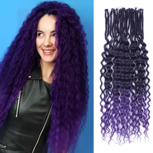 Sangtok 24 inch Wavy Dreadlock Extensions Ombre Purple Curly Single Ended Dreadlocks, 10 pcs Thin Fake Synthetic SE Dreads Extensions for Women