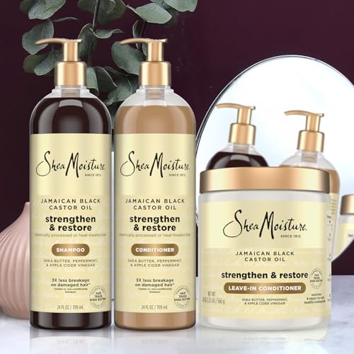 SheaMoisture Jamaican Black Castor Oil Strengthen & Restore Hair Repair Shampoo, Conditioner + Leave-In Conditioner, Family-Size Bundle