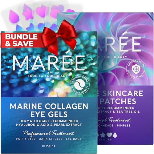 MAREE Eye Gels & Acne ¬³learing Devices Bundle - Under Eye Gels for Puffy Eyes and Dark Circles, Hydrocolloid Acne Therapy Device - Marine Collagen & Hyaluronic Acid, Green Algae Extract & Tea Tree Oil