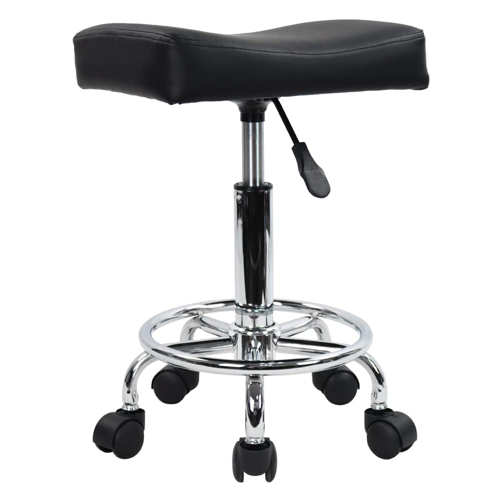 KKTONER Square Rolling Stool PU Leather Height Adjustable Swivel Massage SPA Salon Stools Task Chair with footrest (Black)