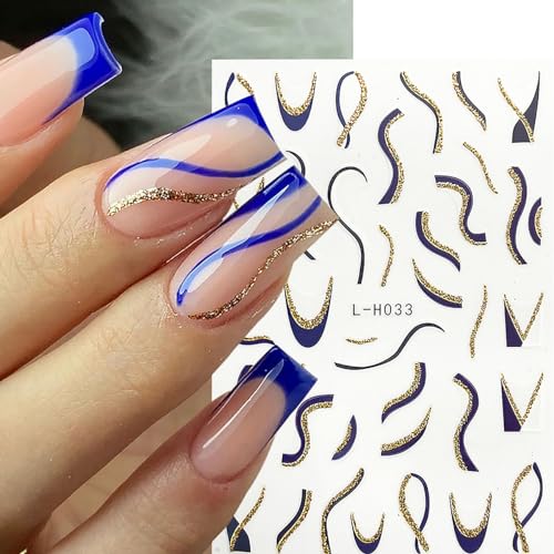 6 Sheets French Tip Nail Art Stickers 3D Self-Adhesive Gold Glitter Nail Decals Stripes Waves Lines Nail Design Stickers Acrylic Nail Art Supplies DIY for Women and Girls Manicure Tips