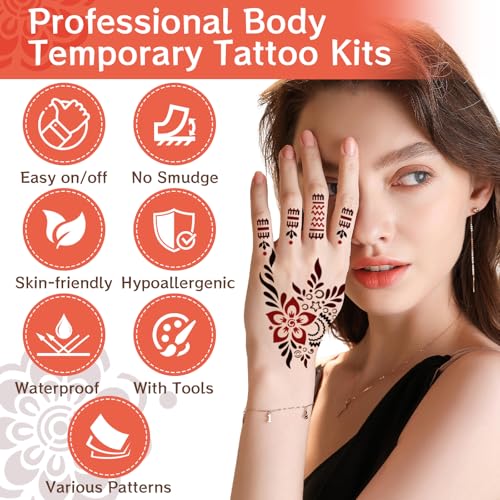 136 PCS Henna Tattoo Kit, Hena Tattoos Kit for Face Body Art Painting for Women Men Adult, Henna Tattoo Stencils with 6 Tattoo Cones 3 Colors for Festivals Wedding Party
