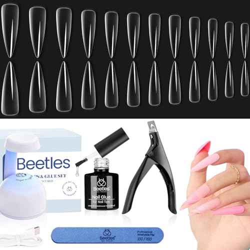 Beetles Gel Nail Kit Easy Nail Extension Set, Long Stiletto Shaped 240 Pcs Clear False Acrylic Nails Tips with 5 in 1 Nail Glue Innovative Uv Led Lamp DIY Acrylic Nail Ki at Home Beauty Gift Set