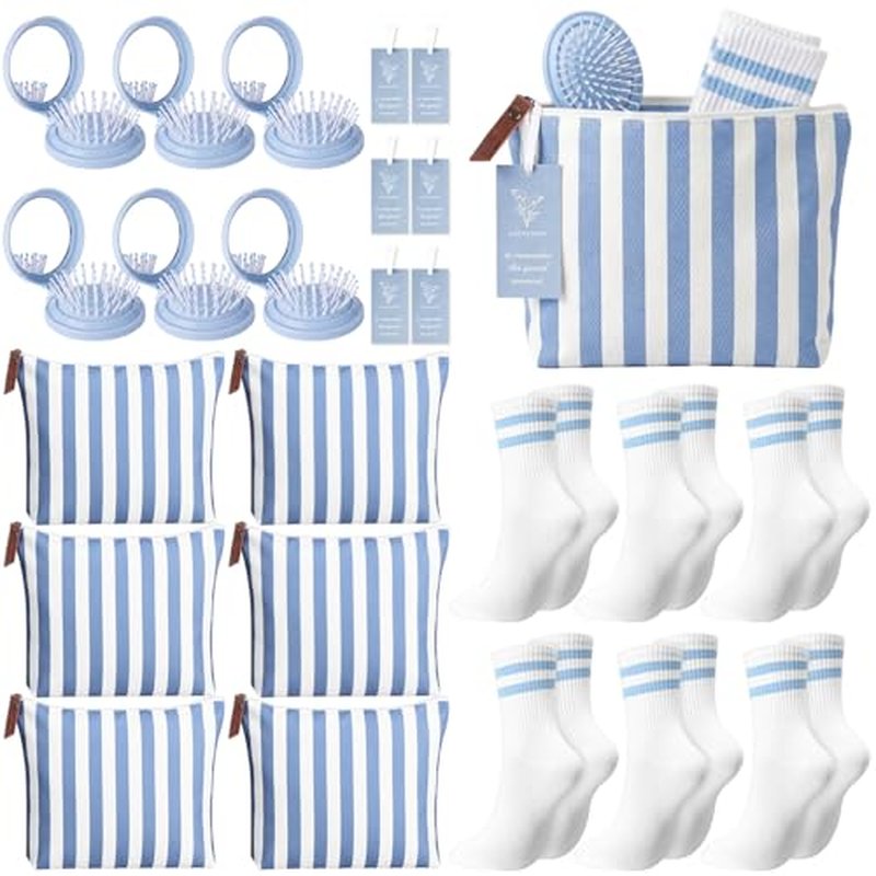 6-Piece Bridesmaid Proposal Gift Set – Blue Striped Makeup Bags, Socks & Brush