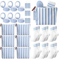 6-Piece Bridesmaid Proposal Gift Set – Blue Striped Makeup Bags, Socks & Brush
