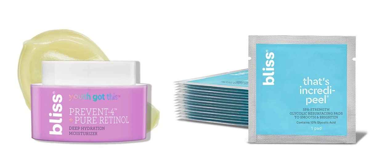 Bliss Resurfacing Nightime Duo: Bliss That's Incredi-Peel Glycolic Resurfacing Pads & Youth Got This™ Prevent-4™ + Pure Retinol Deep Hydration Moisturizer