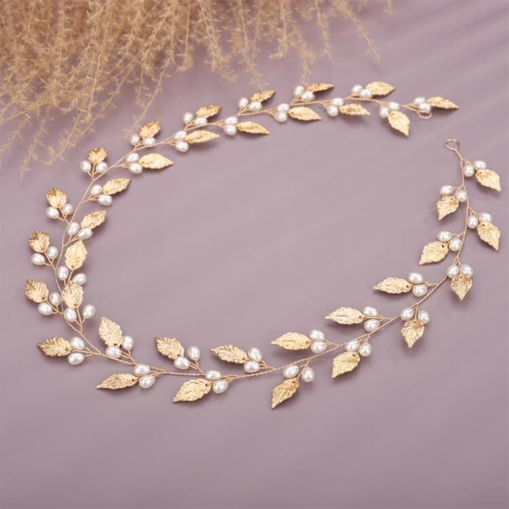 YERTTER Wedding Long Pearl Hair Vine Bridal Vintage Leaf Crystal Headband Wedding Hair Accessories Handmade Headpieces for Brides Women and Girls (Gold)