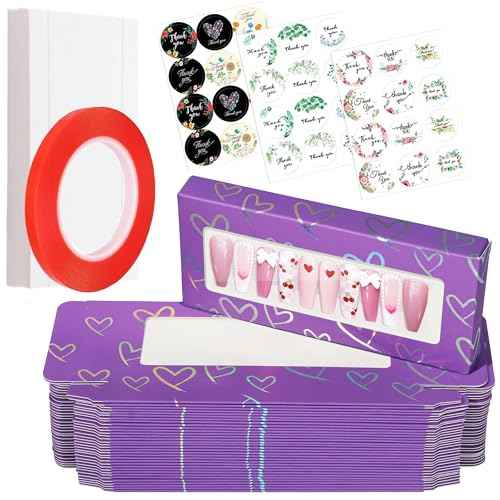 74PCS Empty Press on Nails Packaging Box Set Includes 35PCS Empty Nail Package Box, 35PCS White Background Paper, 1pc Double Sided Tape and 3 Thank You Stickers, for Press on Nail Business