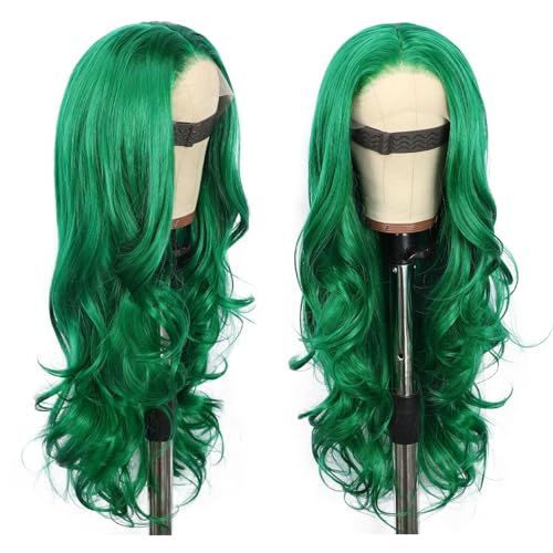 Dark Green Lace Front Wig 13x3 Synthetic Lace Front Wigs Loose Curly for Women 24 Inch Long Wavy Daily Party Use Body Wave Heat Resistant 150% Density