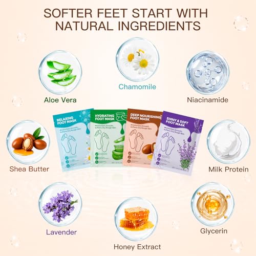 QUNGCO Hydrating Foot Mask Socks for Dry Cracked Feet - 8 Pack