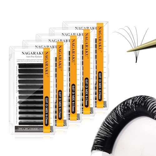 NAGARAKU Easy Fan Eyelash Extensions Volume Lashes 5 Trays in 1 Pack Easy Fanning Pesta?as Lash Extension Rapid Blooming Soft Clusters for Beginners Beauty Salon (0.07 D Curl 8-15mm Mix)