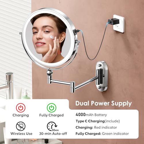 ZLOKLA Wall Mounted Lighted Makeup Mirror - 9" Double Sided 1X/30X Magnification
