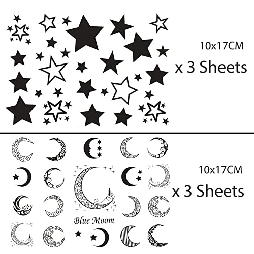 Black Star Moon Tattoo Sticker Waterproof Black Sexy Fake Art Body Face Ears Modern for Women Men Sticker 6 Sheets