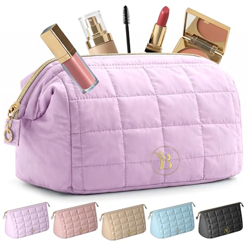 BLOOMORA Quilted Makeup Bag with Wide-Open Top & 3 Pockets