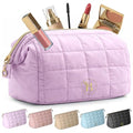 BLOOMORA Quilted Makeup Bag with Wide-Open Top & 3 Pockets